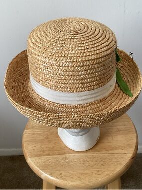 Straw Boater Hat with Cream Band - Women Accessories Hats